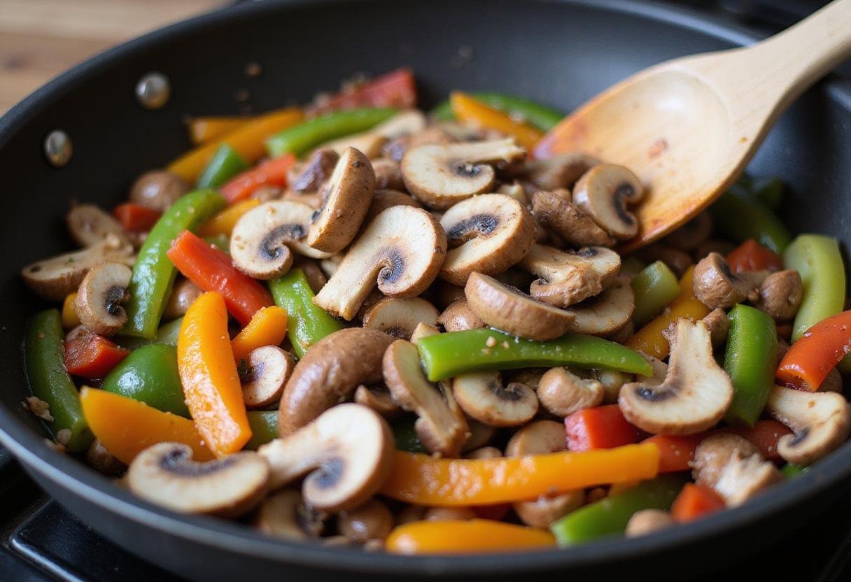 Stirring sliced mushrooms and bell peppers into the chicken for a vibrant chicken and mushroom stir fry.
