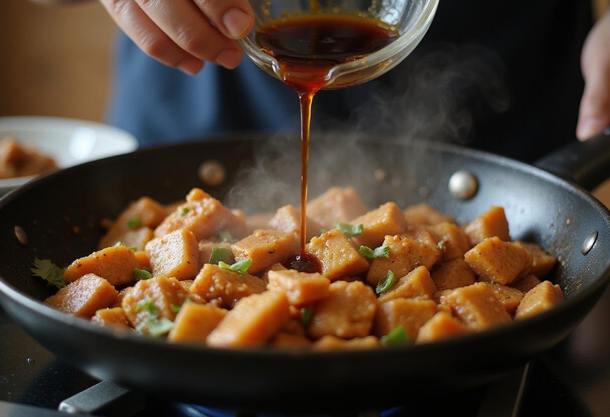 Enhancing chicken and mushroom stir fry flavor with soy sauce while cooking on the stove.