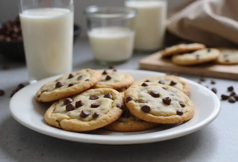 Deliciously warm classic homemade chocolate chip cookies on a plate, embodying grandma's chocolate chip cookies, perfect with a glass of milk.
