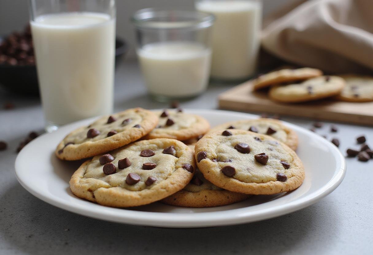 Deliciously warm classic homemade chocolate chip cookies on a plate, embodying grandma's chocolate chip cookies, perfect with a glass of milk.