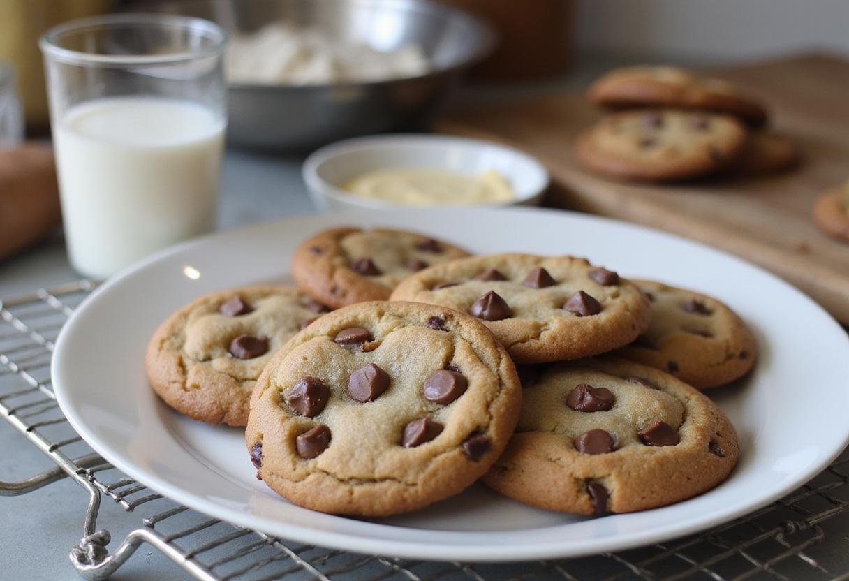Deliciously warm classic homemade chocolate chip cookies on a plate, embodying grandma's chocolate chip cookies, perfect with a glass of milk.