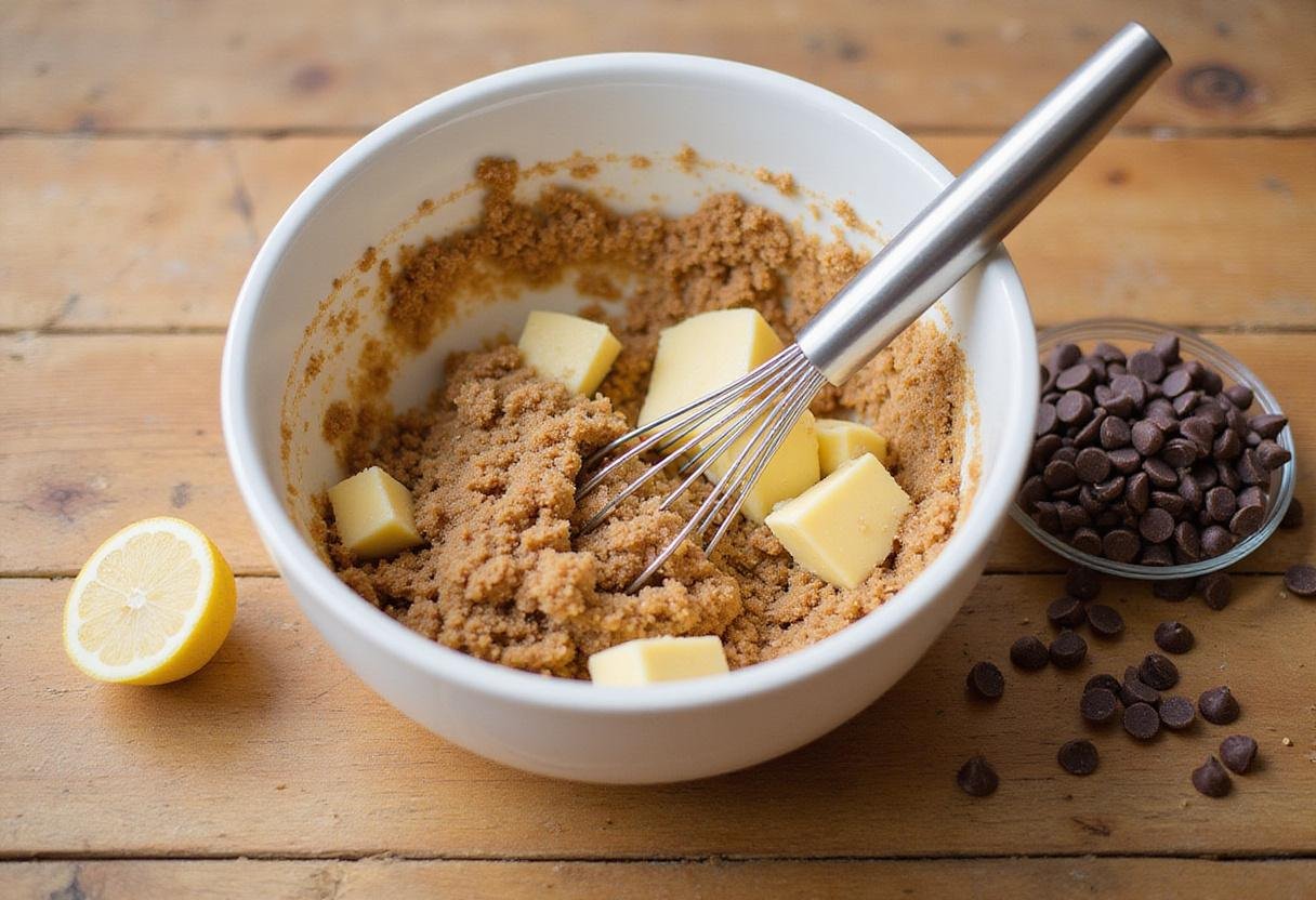 Mixing butter and brown sugar in the process of making classic homemade chocolate chip cookies, capturing the essence of grandma's chocolate chip cookies.