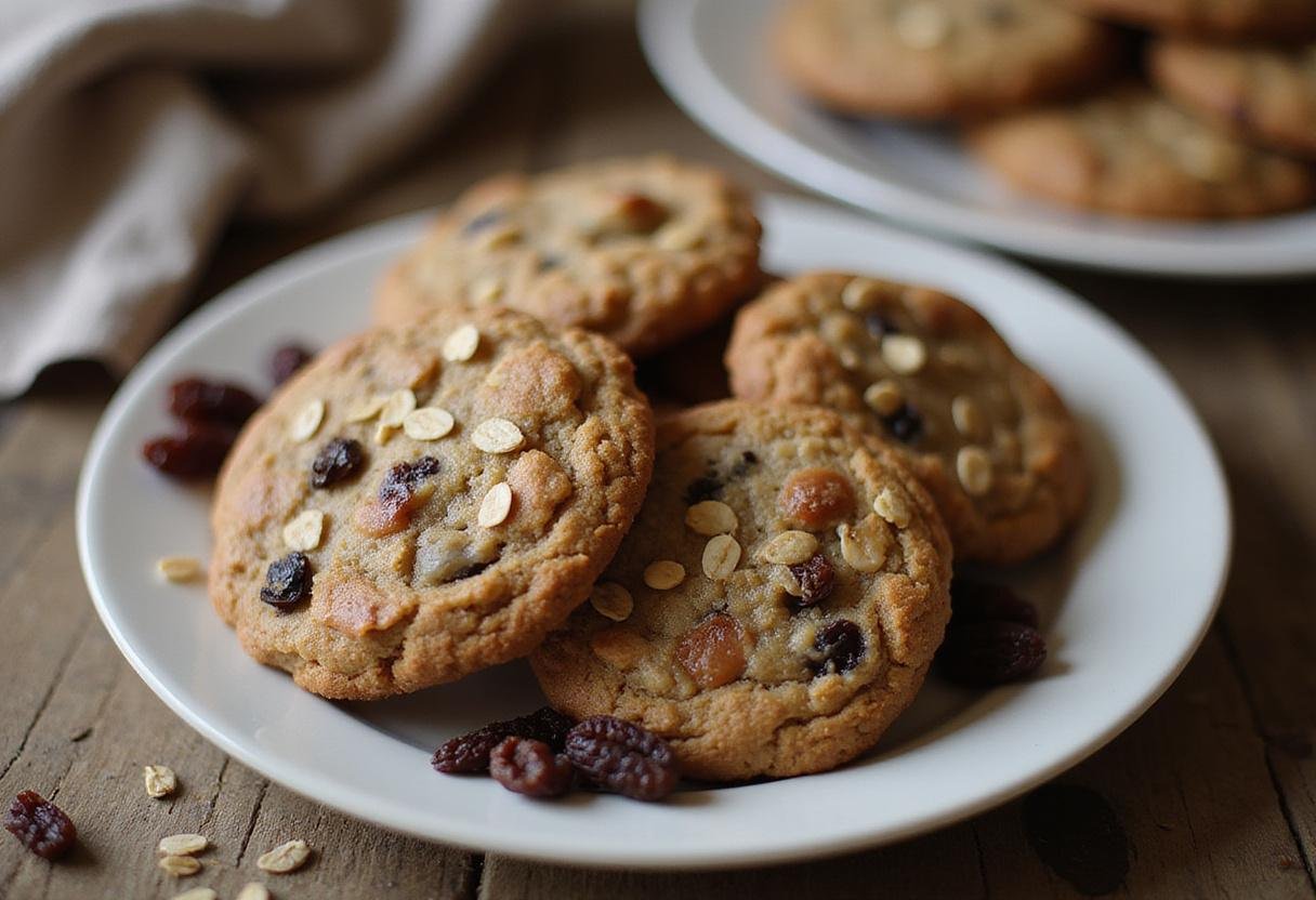 Delicious classic oatmeal raisin cookies made with Quaker oats displayed on a plate, perfect for enjoying fresh from the oven with a vegan gluten-free twist.