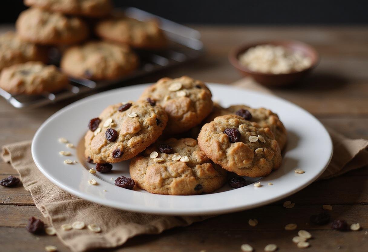 Delicious classic oatmeal raisin cookies made with Quaker oats displayed on a plate, perfect for enjoying fresh from the oven with a vegan gluten-free twist.