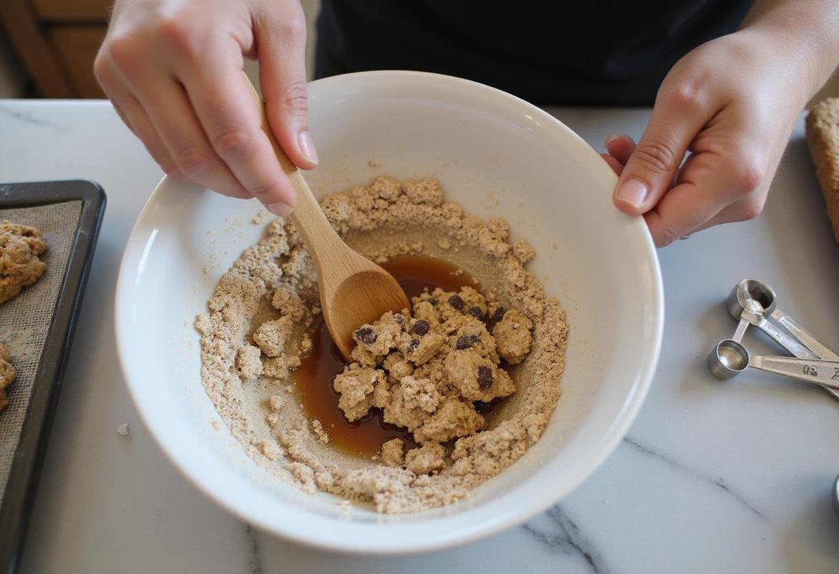 Mixing dough for vegan oatmeal raisin cookies with Quaker oats, a wooden spoon, and organized kitchen tools, ideal for gluten-free dessert lovers.