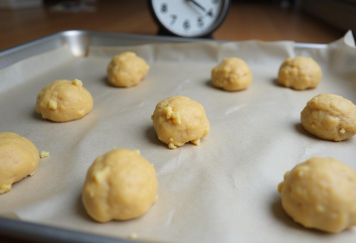 Preparing to bake oatmeal raisin cookies on a parchment-lined baking sheet featuring vegan gluten-free dough made with Quaker oats.