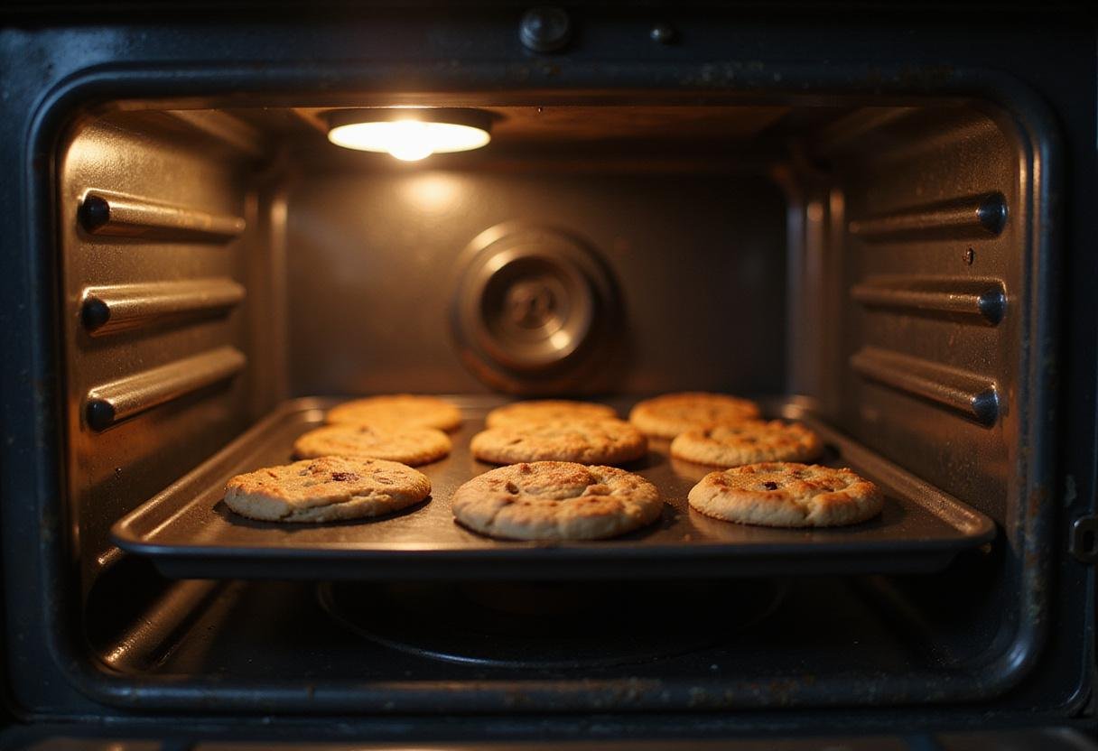 Baking vegan oatmeal raisin cookies in the oven, showcasing the golden-brown color indicative of a delicious Quaker oats recipe.