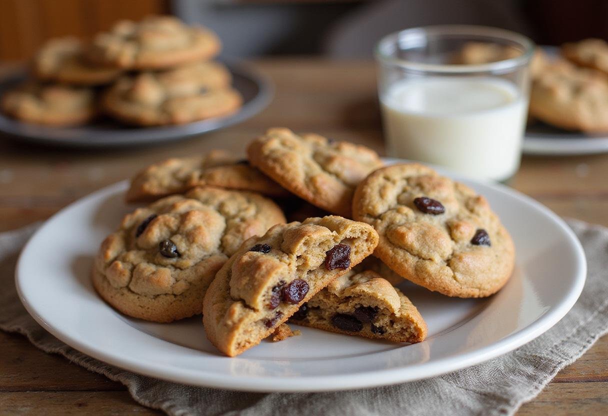 Delicious classic oatmeal raisin cookies served with a glass of milk, perfect for a delightful snack.