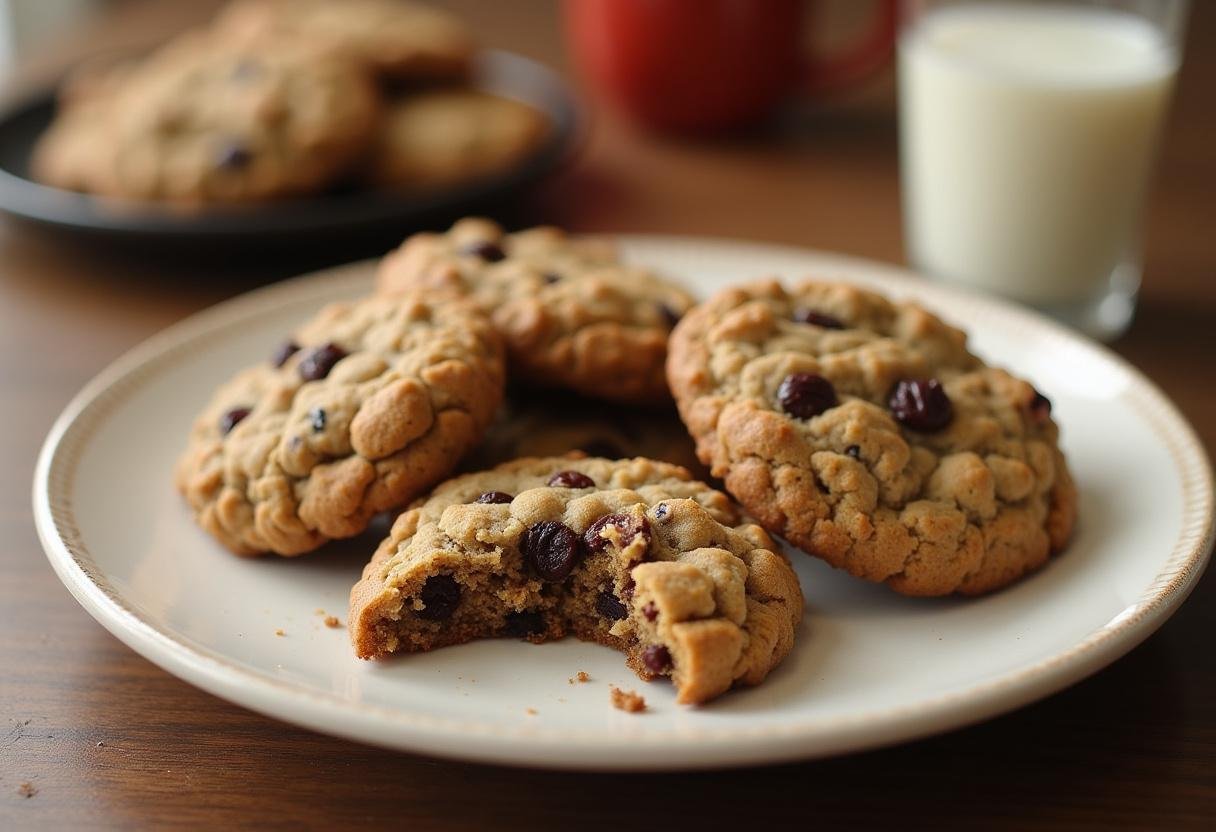 Delicious classic oatmeal raisin cookies served with a glass of milk, perfect for a delightful snack.