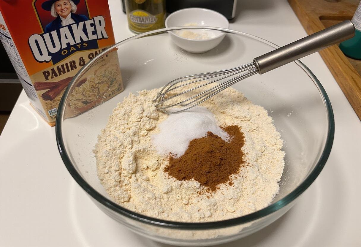 Preparing the dry ingredients for Quaker oats oatmeal raisin cookie recipe with flour, oats, and spices.