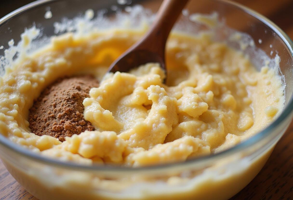 Mixing the butter and sugar for vegan oatmeal raisin cookies, showcasing a creamy blend in a glass bowl.