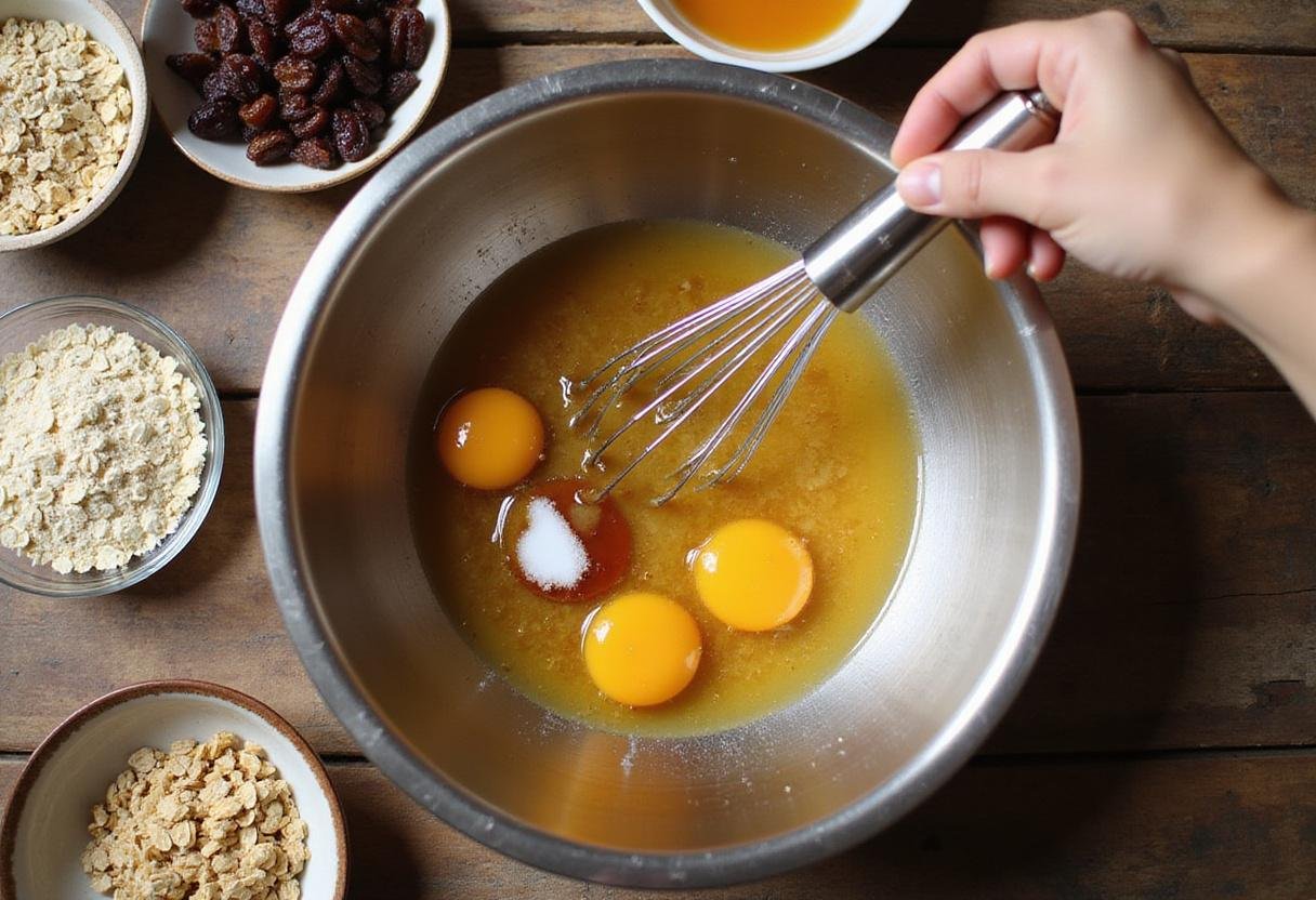 Combining wet ingredients for oatmeal raisin cookies, highlighting the addition of vanilla and eggs.