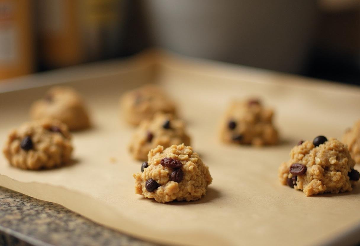 Forming cookie dough balls for Quaker oats oatmeal raisin cookies on a baking sheet, emphasizing the preparation for baking.