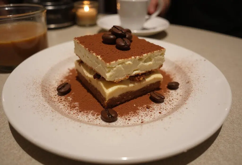 Final presentation of classic tiramisu cheesecake on a plate, showcasing its rich layers and cocoa for a delightful dessert experience.