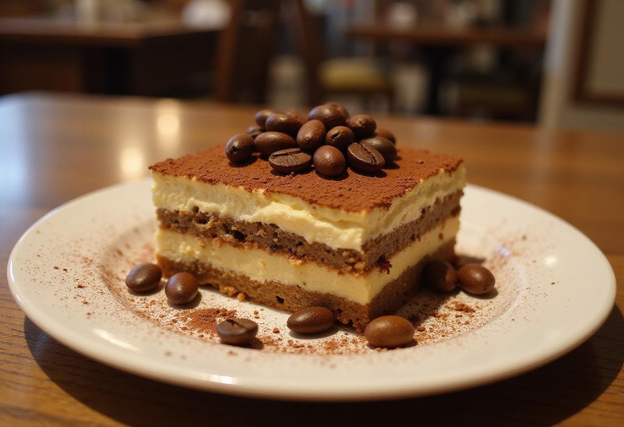 Final presentation of classic tiramisu cheesecake on a plate, showcasing its rich layers and cocoa for a delightful dessert experience.
