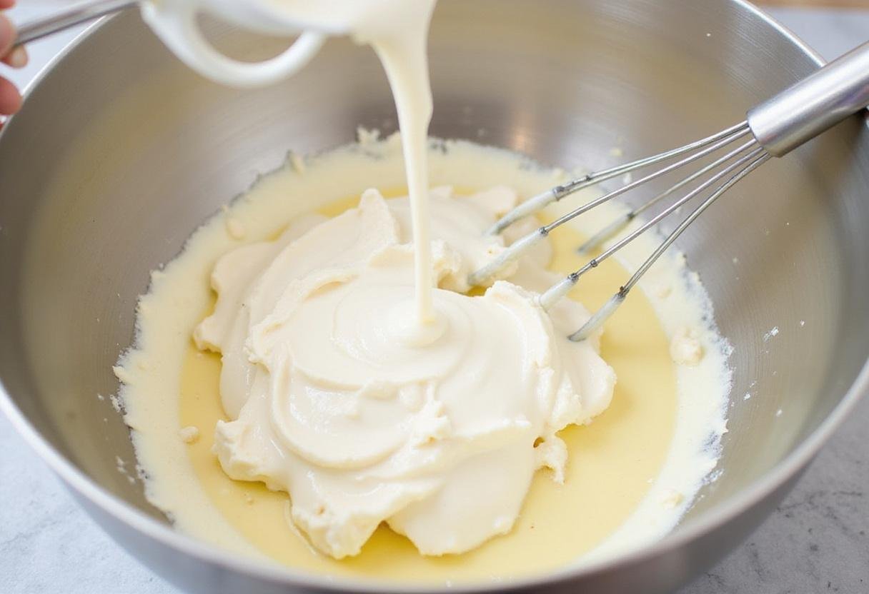 Folding whipped cream into mascarpone for light and fluffy tiramisu mixture, perfect for tiramisu brownies and other variations.
