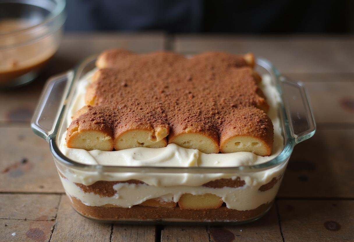 Assembling layers of tiramisu with mascarpone and ladyfingers, creating a beautiful classic tiramisu for dessert lovers.