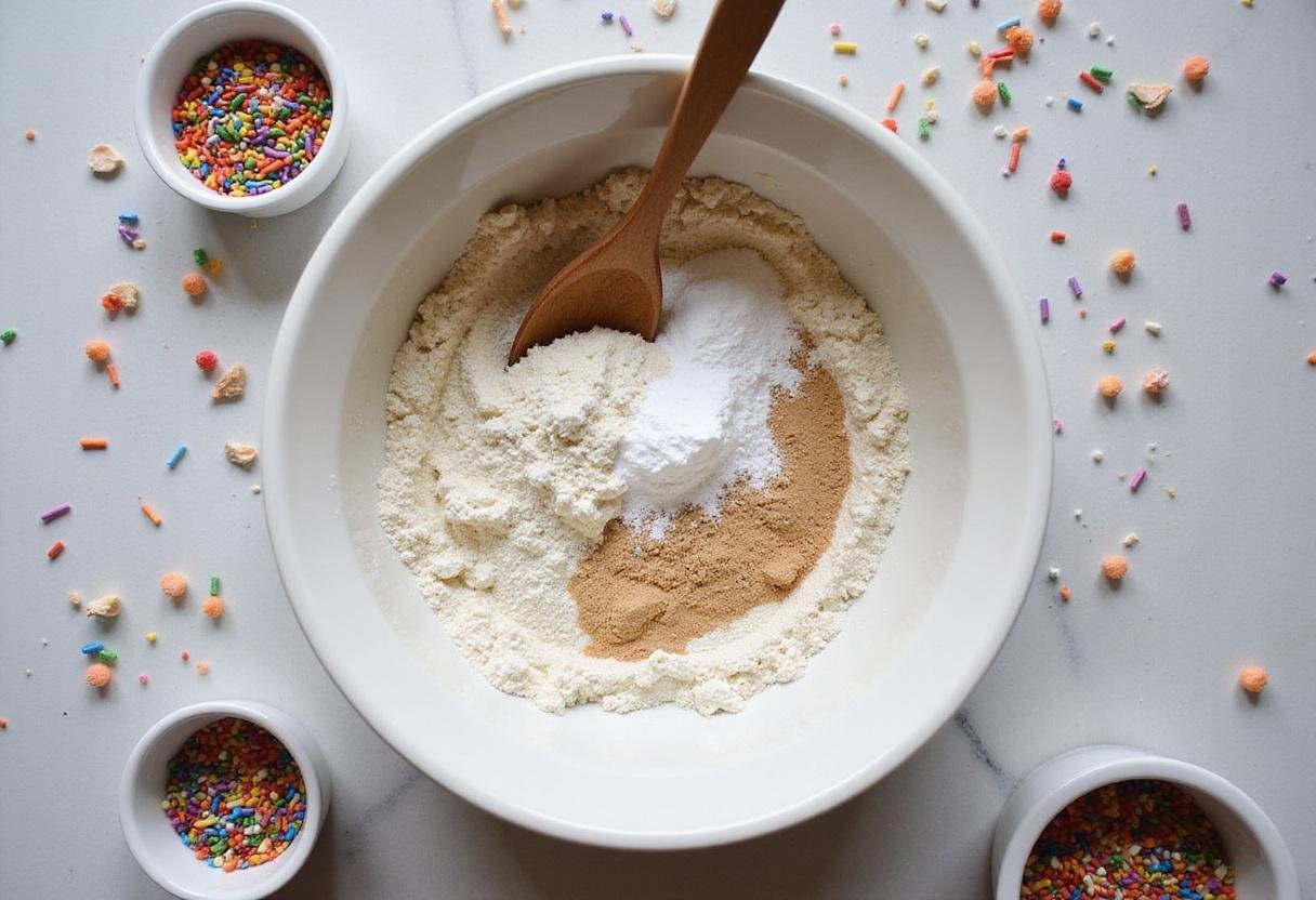 Colorful ingredients and baking supplies ready for cookie recipe preparation featuring flour and sugar.