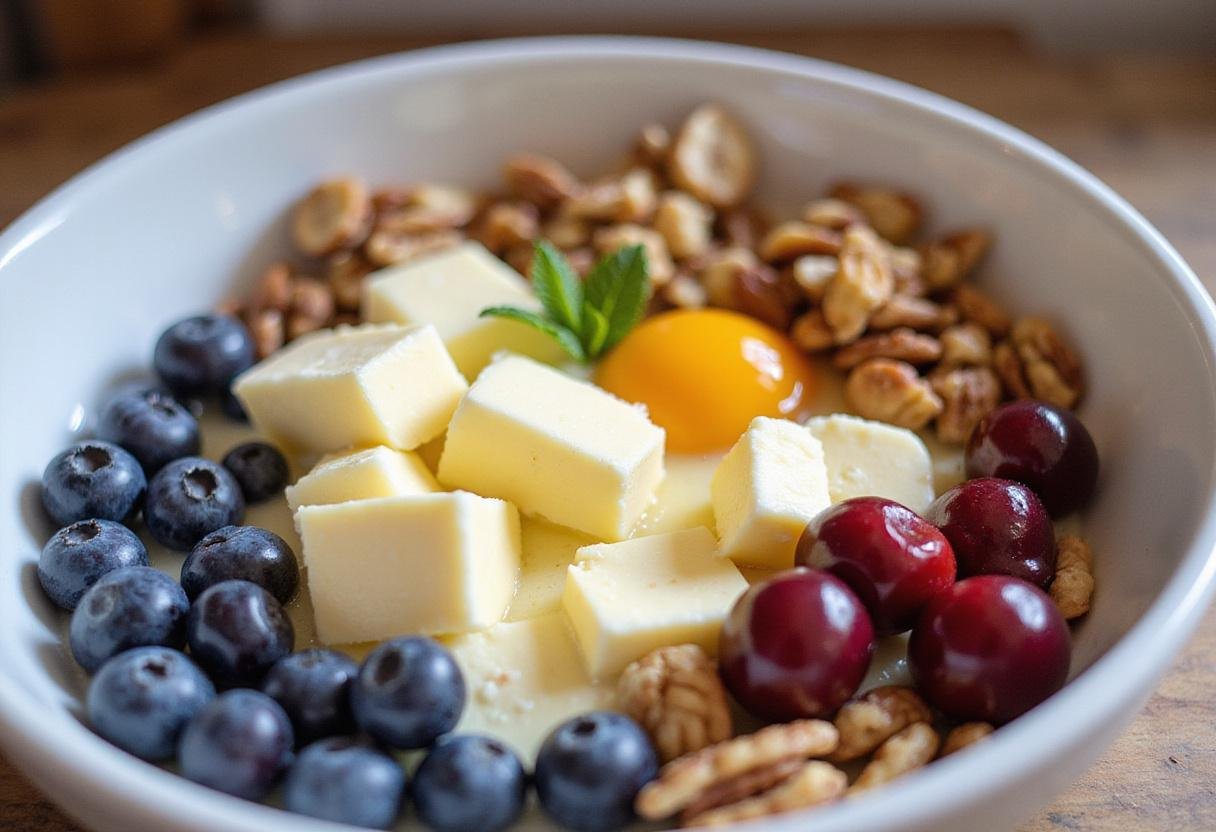 Butter and eggs added to the cookie mixture, emphasizing the vibrant fruits as colorful ingredients in the recipe.