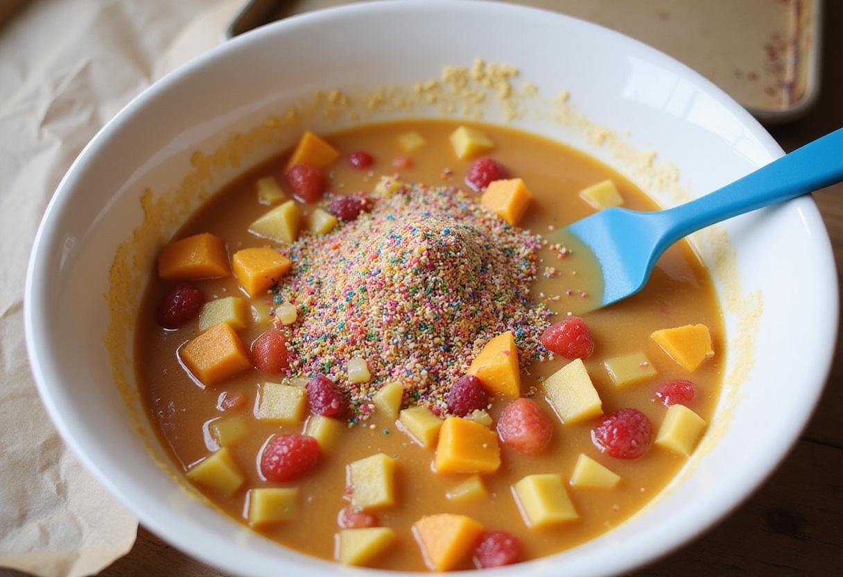 Stirring cookie dough mixture showcasing colorful fruits and sprinkles, ready to be shaped.