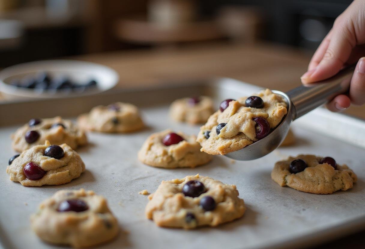 Scooping colorful cookie dough onto a baking sheet, highlighting the vibrant colors of the ingredients used.