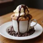 Deliciously baked cookie in a mug recipe topped with ice cream, perfect for a quick dessert.