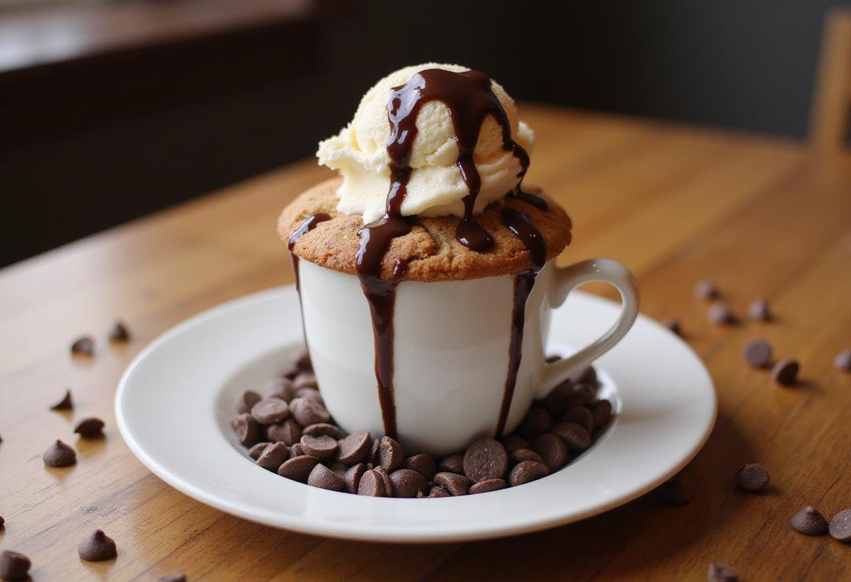 Deliciously baked cookie in a mug recipe topped with ice cream, perfect for a quick dessert.