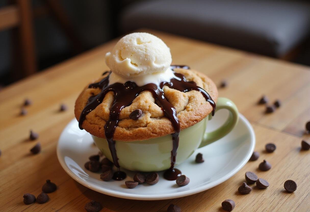 Deliciously baked cookie in a mug recipe topped with ice cream, perfect for a quick dessert.