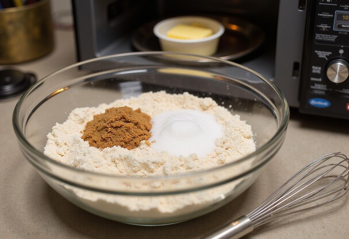 Mixing ingredients for cookie in a mug recipe including flour and sugar for a delicious treat.