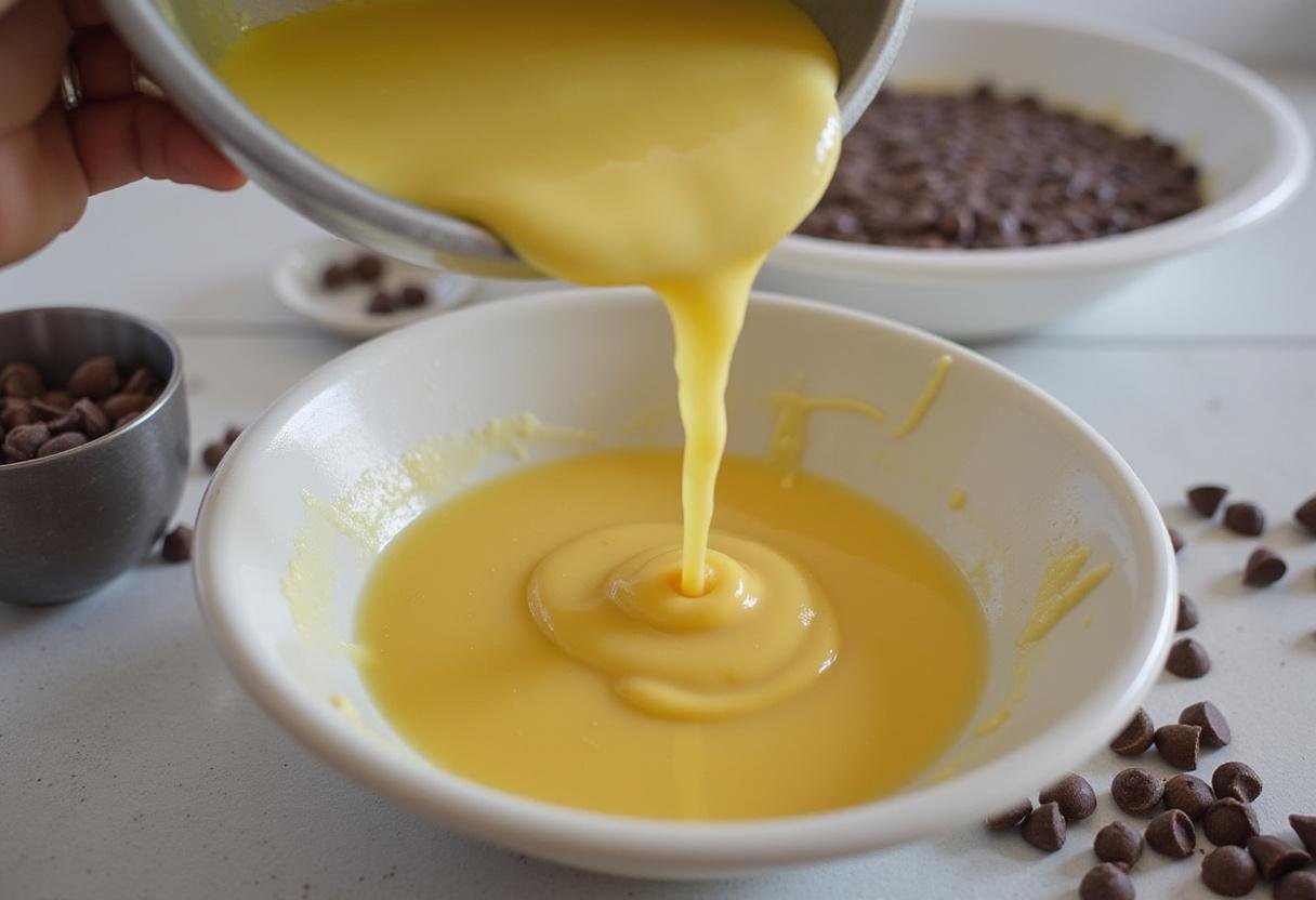 Adding melted butter and chocolate chips into the dough mixture for a perfect cookie in a mug recipe.