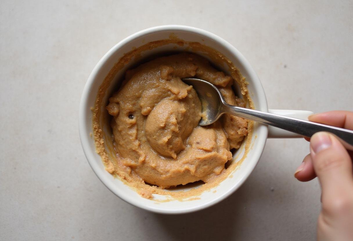 Filling a mug with cookie dough mixture, ideal for creating a quick cookie in a mug recipe.