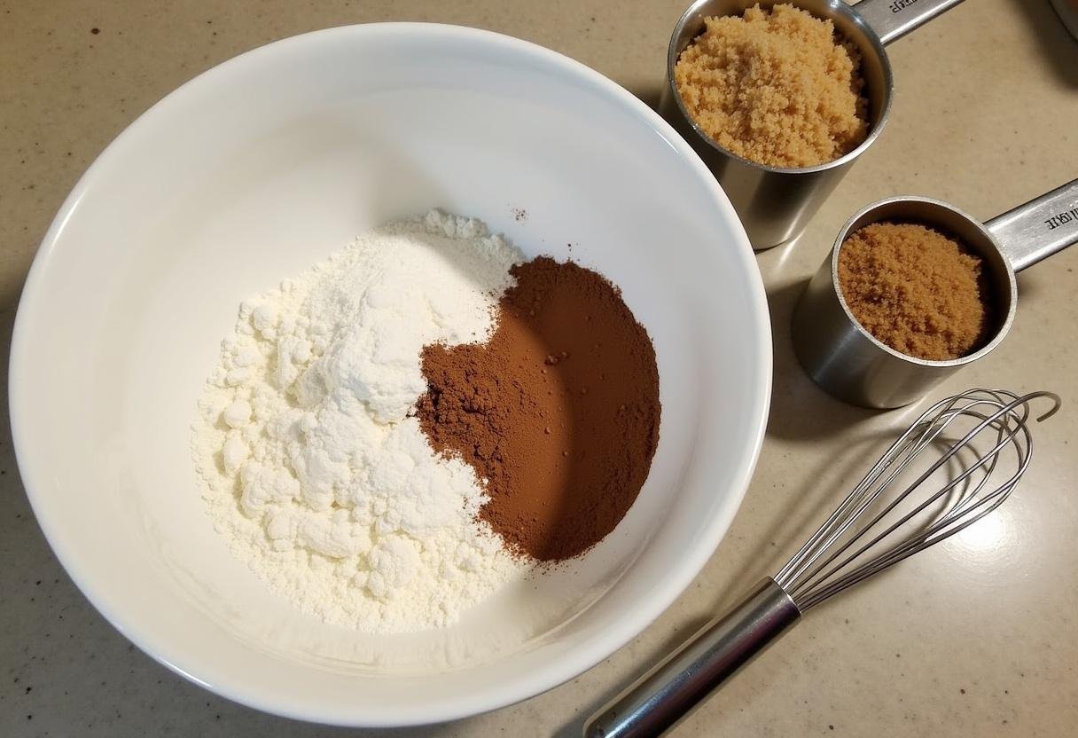 Ingredients for cookies and cream cookie recipe including flour, cocoa powder, and sugars on a kitchen counter.