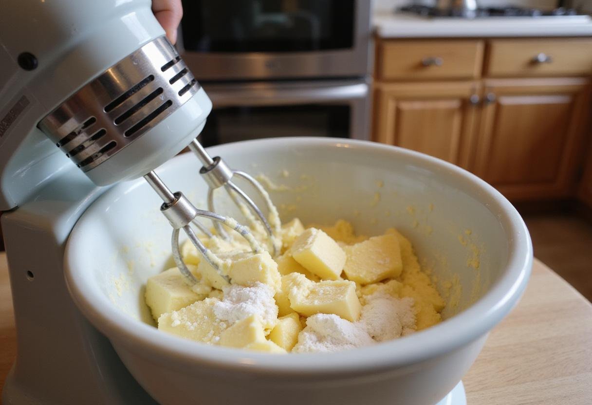 Mixing softened butter and sugars for a delicious cookies and cream recipe in a modern kitchen.