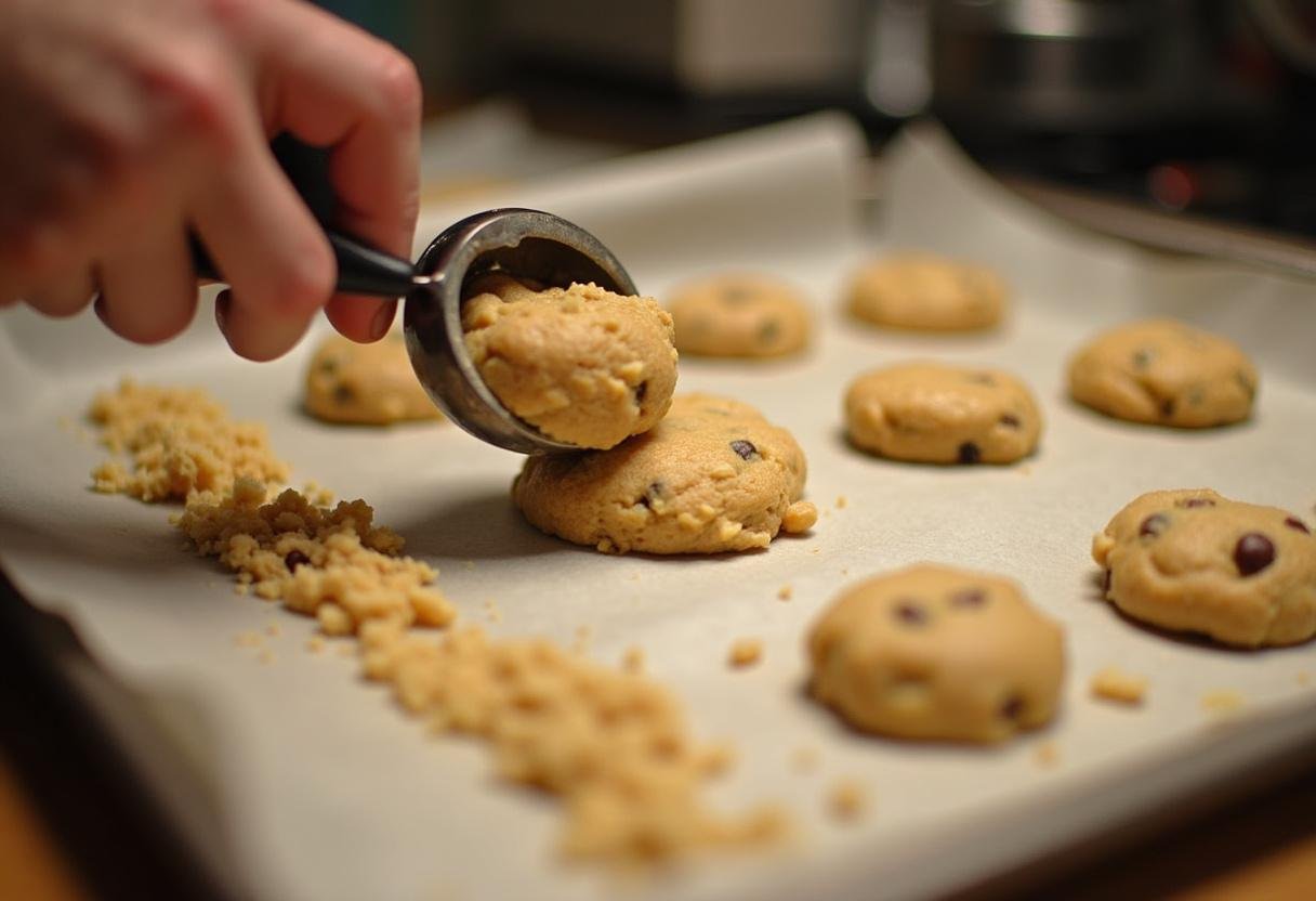 Scooping cookie dough for cookies and cream cookie recipe onto a baking sheet in a cozy kitchen.