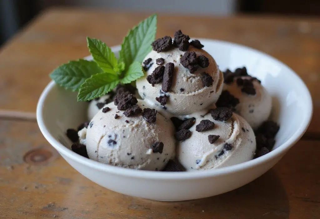 Indulge in the creamy cookies and cream ice cream featuring crushed Oreos, beautifully displayed in a bowl.