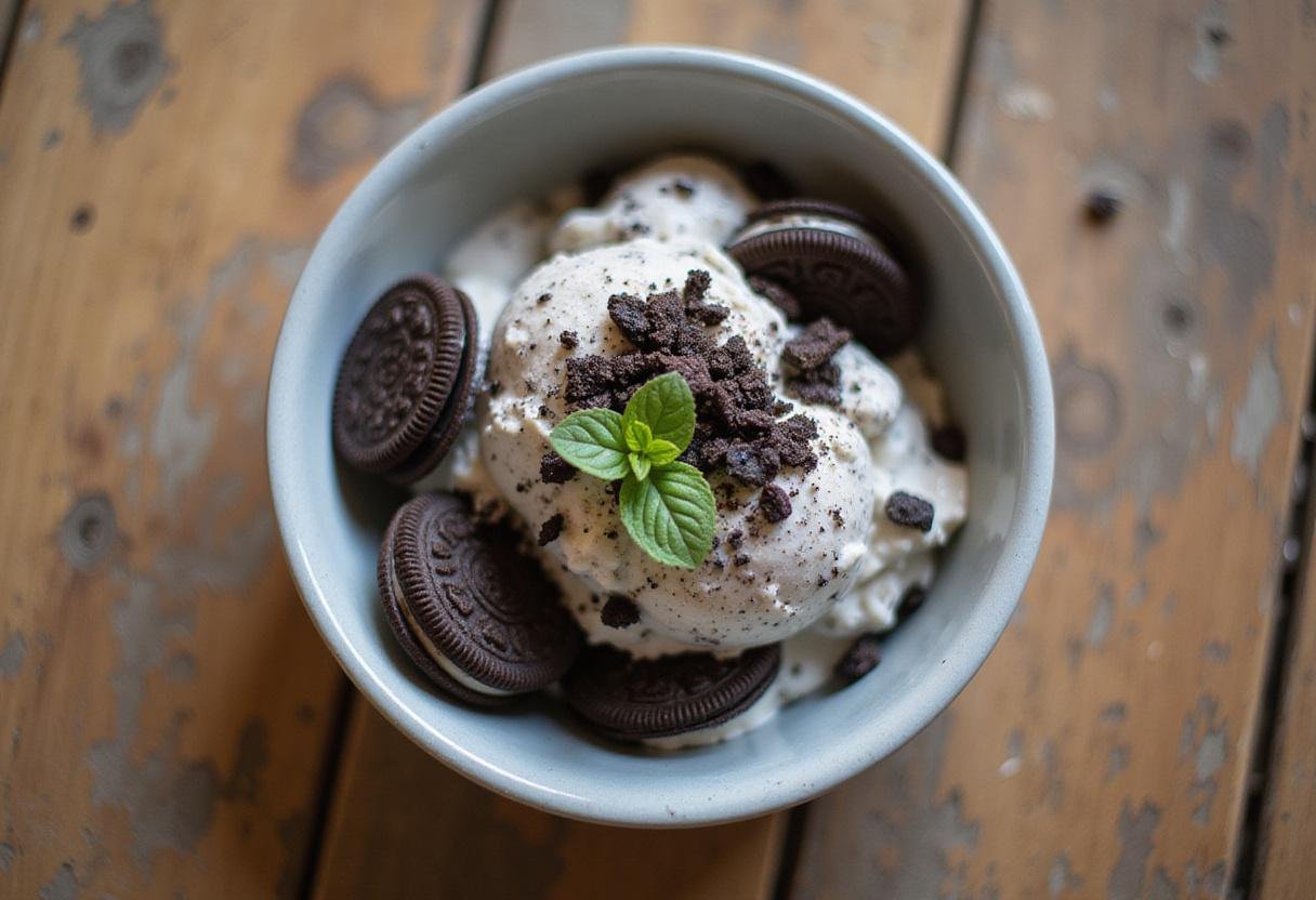 Indulge in the creamy cookies and cream ice cream featuring crushed Oreos, beautifully displayed in a bowl.