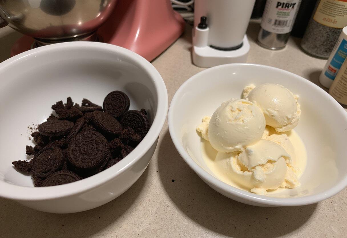 Delicious cookies and cream recipe ingredients featuring crushed Oreo cookies and vanilla ice cream on a kitchen countertop.