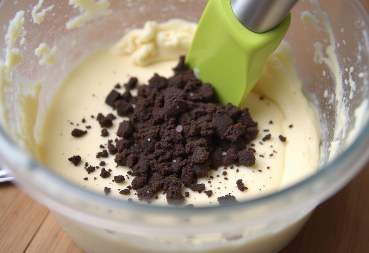 Smooth blending of crushed Oreos into vanilla ice cream for a perfect cookies and cream ice cream recipe.
