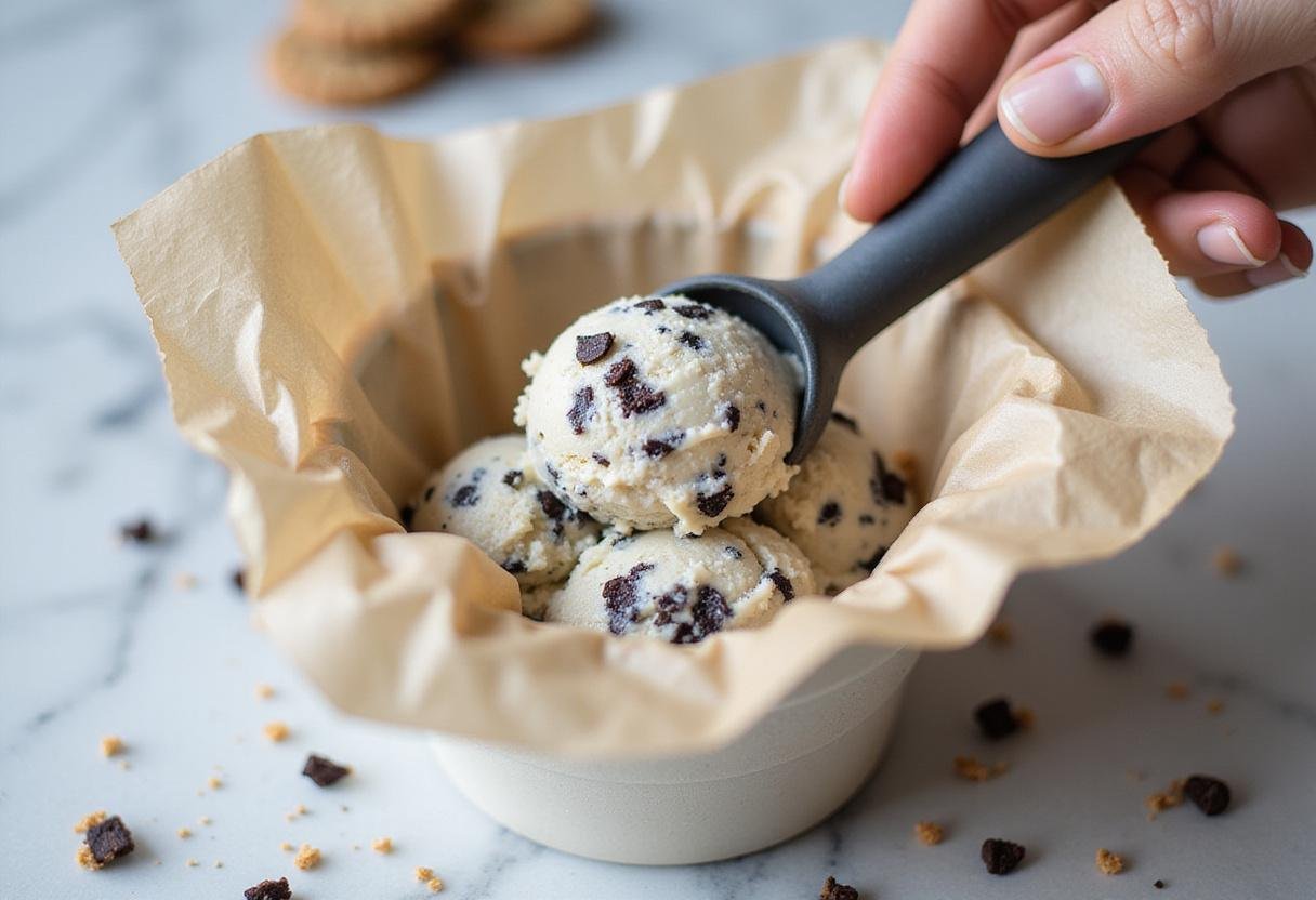 Scoop of cookies and cream ice cream mixture placed into a container, setting the stage for the delicious cookies and cream cookie recipe.