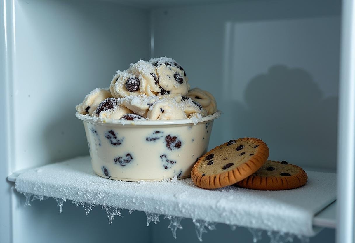 Cookies and cream ice cream in a container inside a freezer, ready to be enjoyed along with chocolate chip cookies.