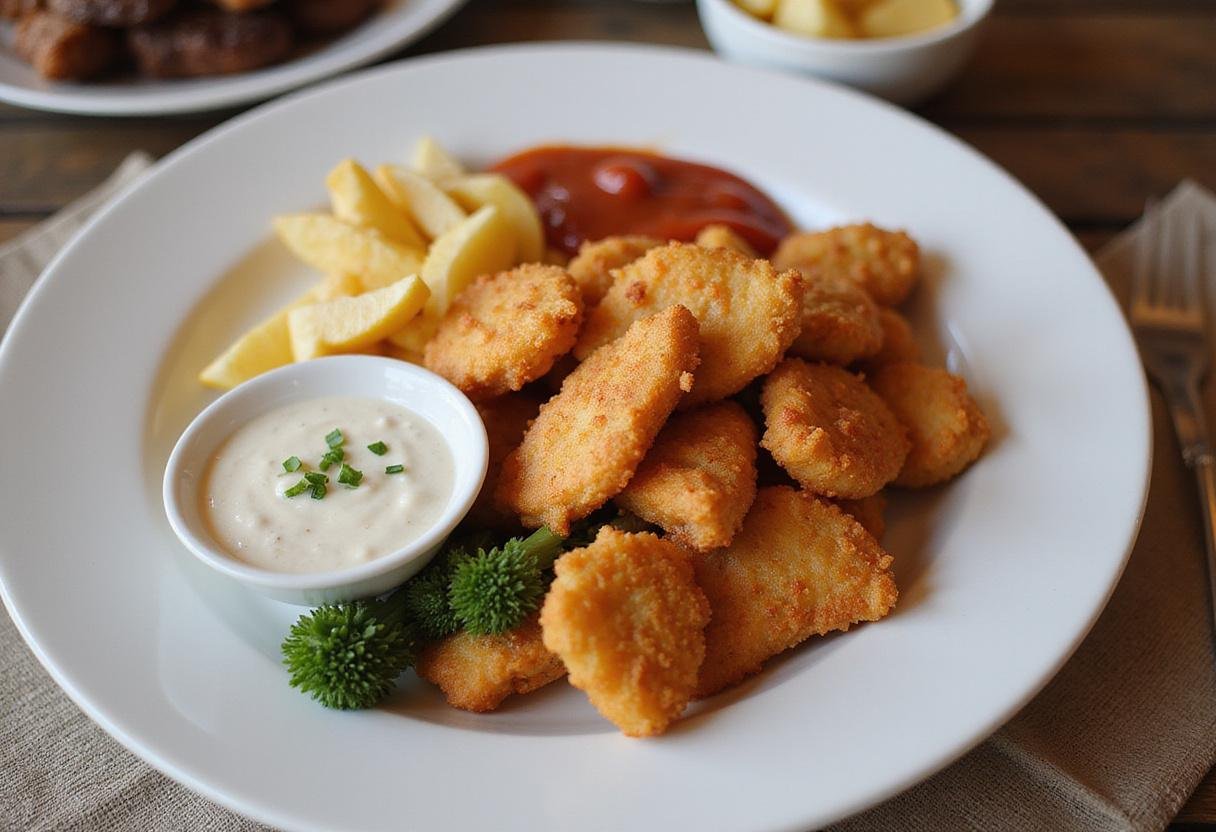 Deliciously cooked air fryer chicken nuggets on a plate, showcasing easy tips for cooking frozen chicken nuggets in an air fryer.