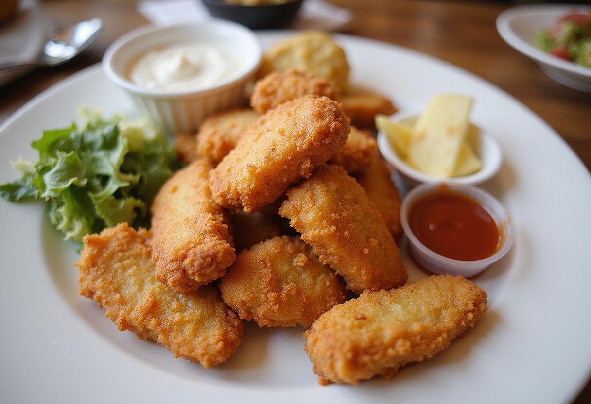 Deliciously cooked air fryer chicken nuggets on a plate, showcasing easy tips for cooking frozen chicken nuggets in an air fryer.