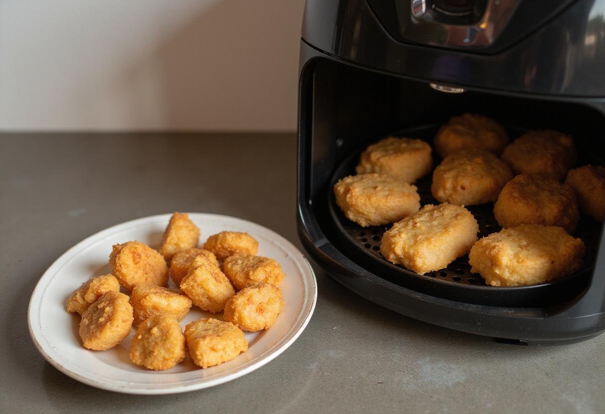 Frozen chicken nuggets ready for cooking in an air fryer, crispy and delicious air fryer chicken nuggets.