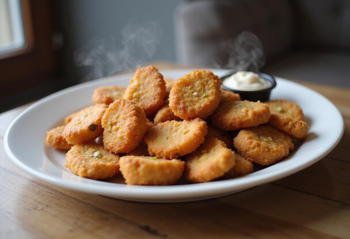 Crispy air fryer chicken nuggets served with dipping sauce, perfect homemade frozen chicken nuggets.