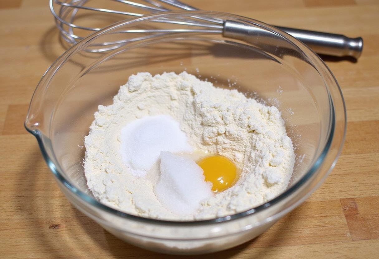 Mixing dry ingredients for copycat Crumbl cookies, including flour, sugar, and baking soda, on a wooden countertop.