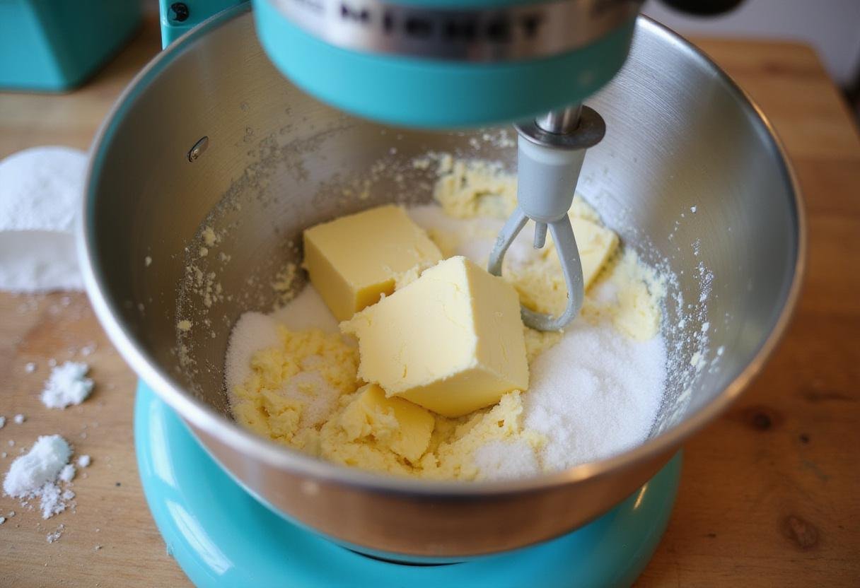 Creaming butter and sugar in a stand mixer for the perfect copycat Crumbl cookie dough.