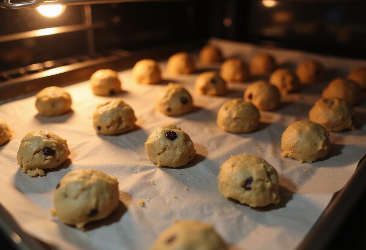 Preparing to bake copycat Crumbl sugar cookies with cookie dough balls lined on parchment paper in a modern kitchen.