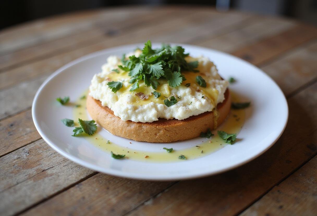 Delicious cottage cheese cloud bread served on a plate with herbs and olive oil, highlighting the simplicity and flavor of 3 ingredient cloud bread.