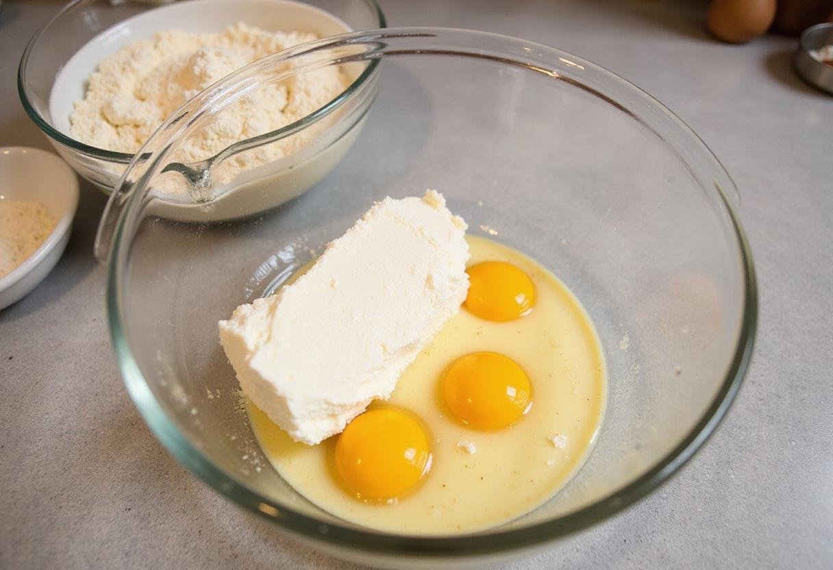 Ingredients for cottage cheese cloud bread on a kitchen counter, featuring cottage cheese, almond flour, and eggs, showcasing the simple 3-ingredient cloud bread recipe.
