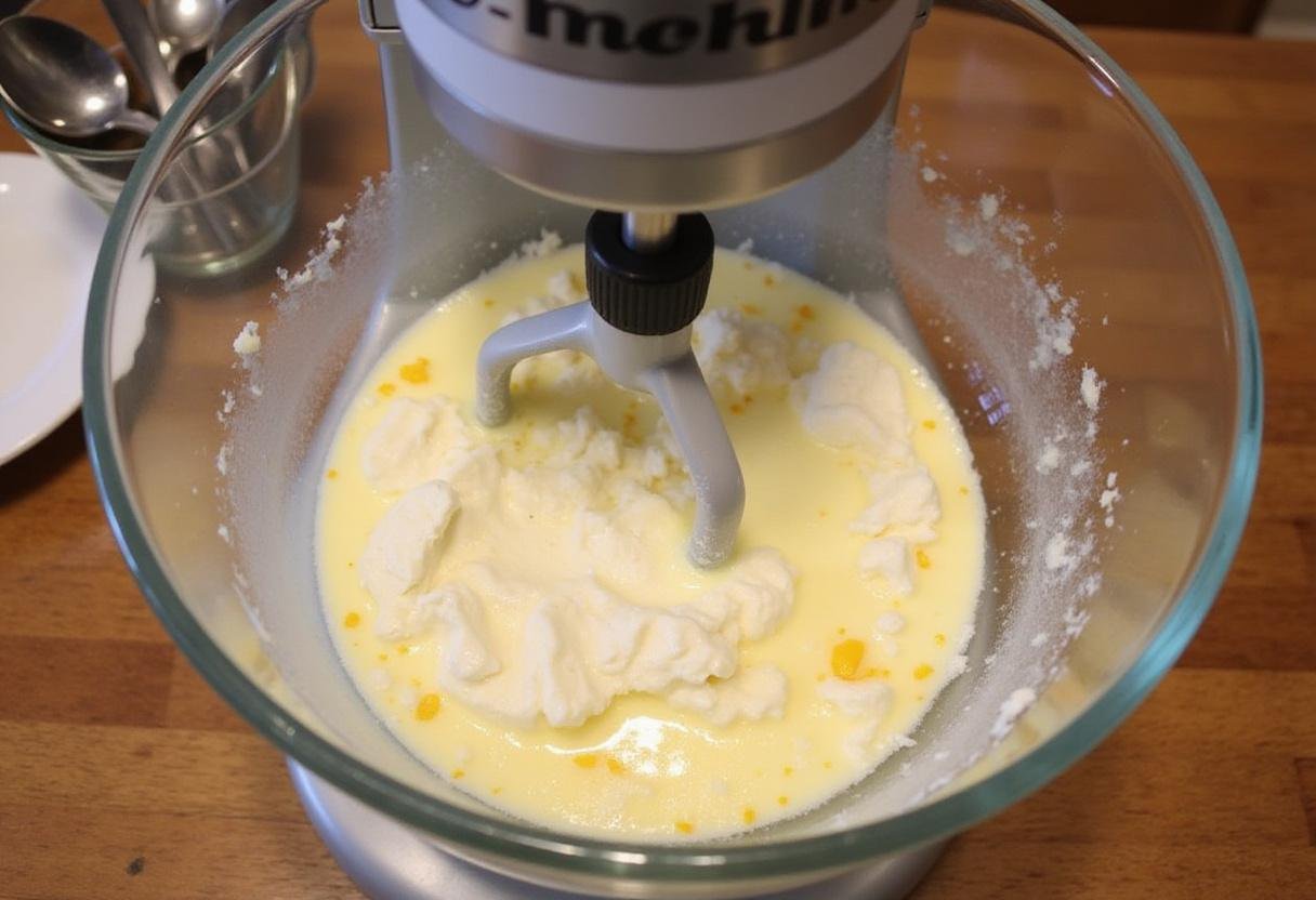 Mixing cottage cheese and eggs for cloud bread, demonstrating the preparation of 3 ingredient cloud bread, showing the frothy mixture forming in the bowl.